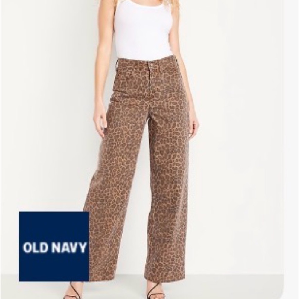 Old Navy Brown Leopard High Rise Baggy Wide Leg Jean 30 NWT